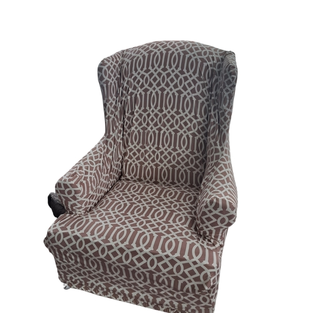 WINGBACK CHAIR stretch cover taupe white print coastal beachy neutral shade